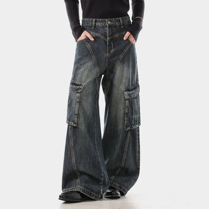 Trendy Deconstructed Wide Leg Cargo Jeans