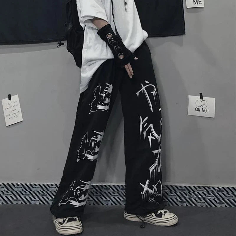 Y2K Japanese Anime Printed Black Pants