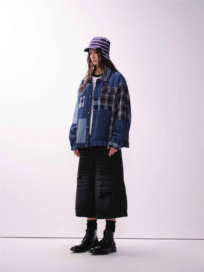 Versatile Retro Blue Casual Patchwork Denim Jacket