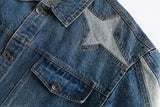Embroidery Star Patchwork Washed Denim Jacket