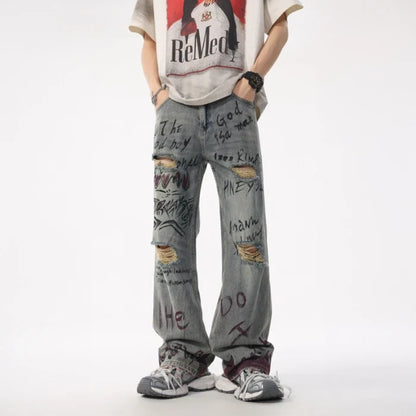 Sporty Edge Graffiti Loose Straight Retro Jeans