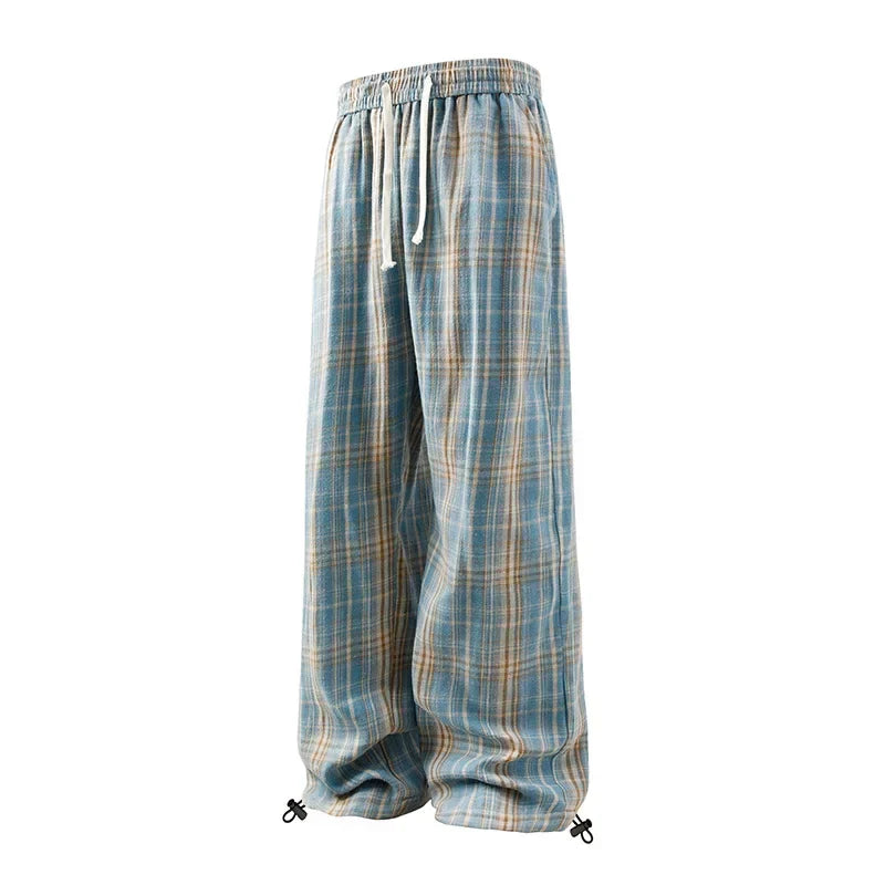 Plaid Drawstring Straight Pants