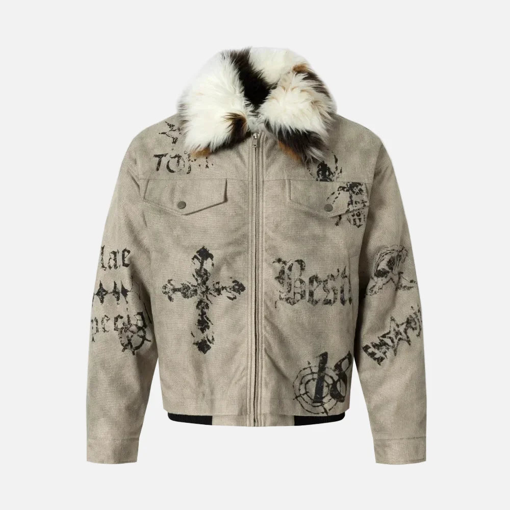Vintage Distressed Quilted Letter Print Jacket