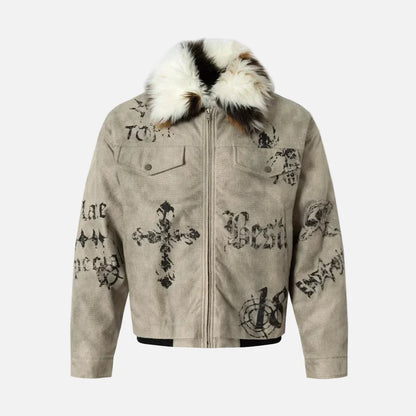 Vintage Distressed Quilted Letter Print Jacket
