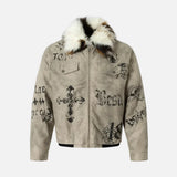 Vintage Distressed Quilted Letter Print Jacket