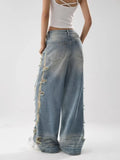 Vintage Distressed Blue Stacked Wide Jeans