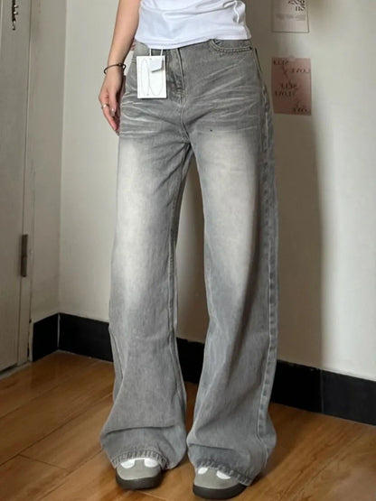 Model wearing the gray Wide-Leg Relaxed Jeans