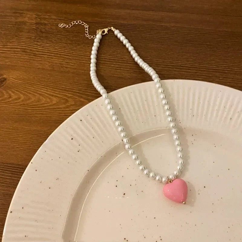 Handmade Pink Heart Pendant Pearl Necklace