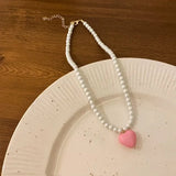 Handmade Pink Heart Pendant Pearl Necklace