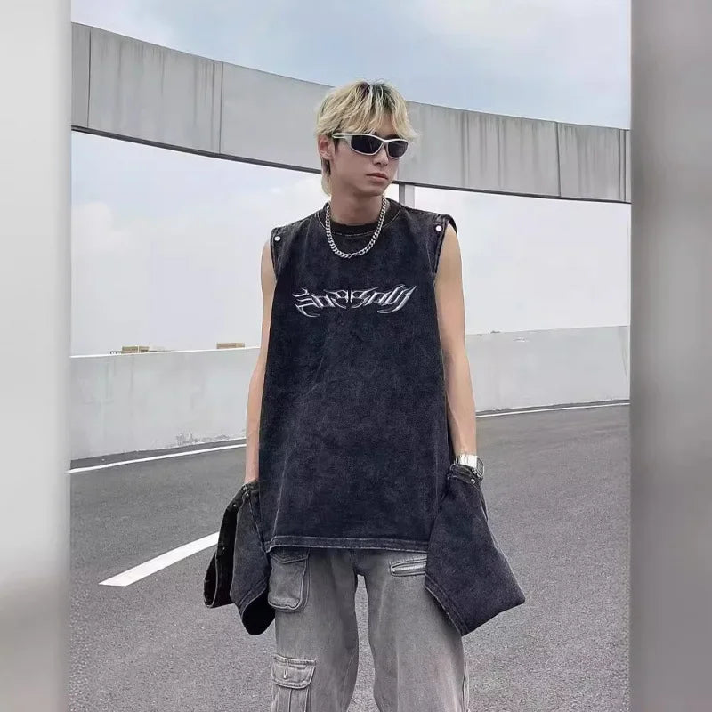 Vintage Washed Oversize Sleeveless Crew T-Shirt
