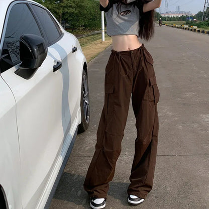 Women Cool Brown Vintage Drawstring Cargo Pants