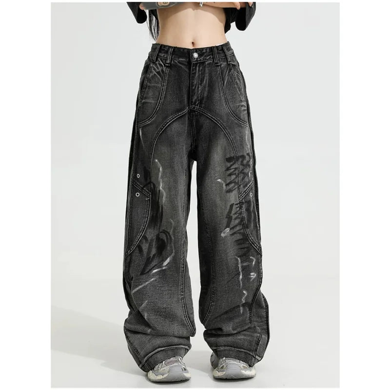 Streetwear Black Retro Vintage High Waist Wide Leg Jeans