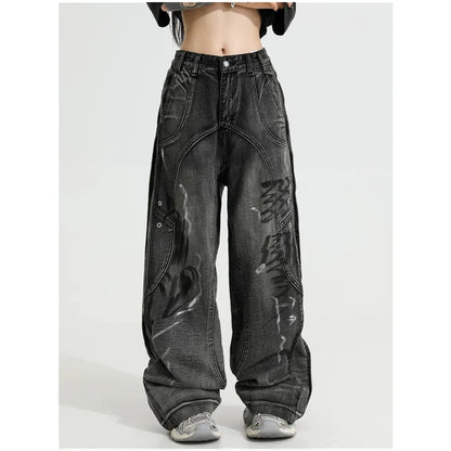 Streetwear Black Retro Vintage High Waist Wide Leg Jeans