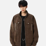 Solid Color Stand Collar Zipper Jacket