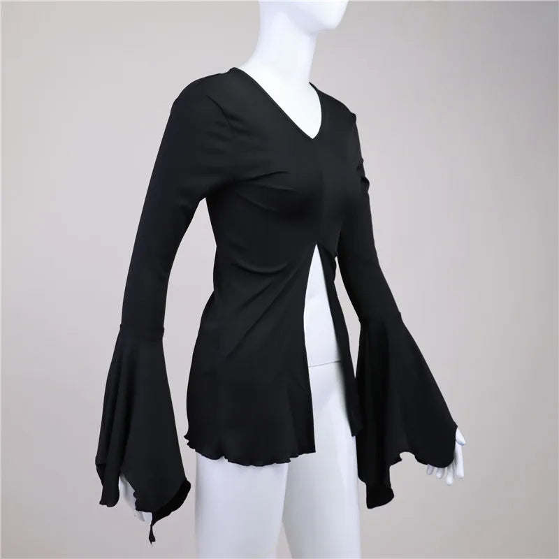 Gothic Flare Sleeve V-Neck Blouses T-Shirt
