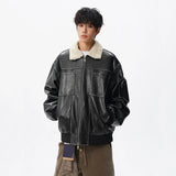 Patchwork Padded Faux Fur Collar Leather Jacket