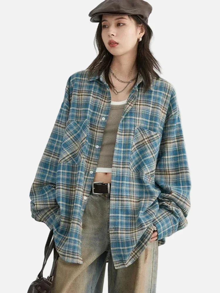 Women Streetwear Cool Color Blocked Grid Chic Cotton Shirt