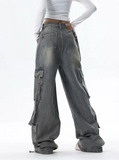 Women Gray High Waist Wide Leg Blue Baggy Jeans