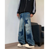 Embroidered Star Patchwork Wide Leg Jeans