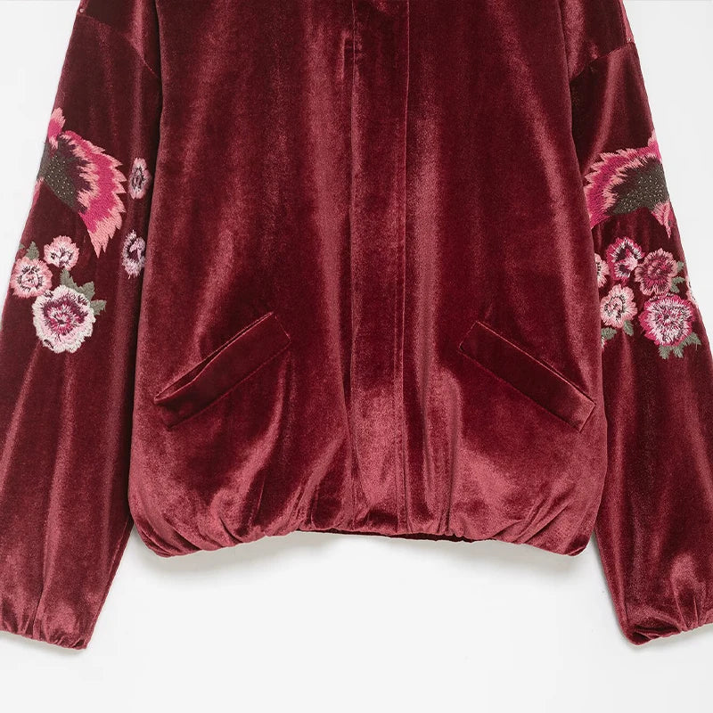 Vintage Red Embroidery Zipper Faux Fur Jacket