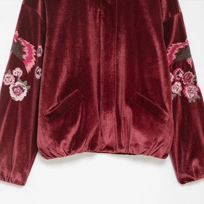 Vintage Red Embroidery Zipper Faux Fur Jacket