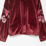 Vintage Red Embroidery Zipper Faux Fur Jacket