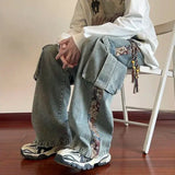 Model wearing the blue Patchwork Cargo Denim Pants