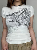 Model wearing the white Y2K Graphic Crop T-Shirt