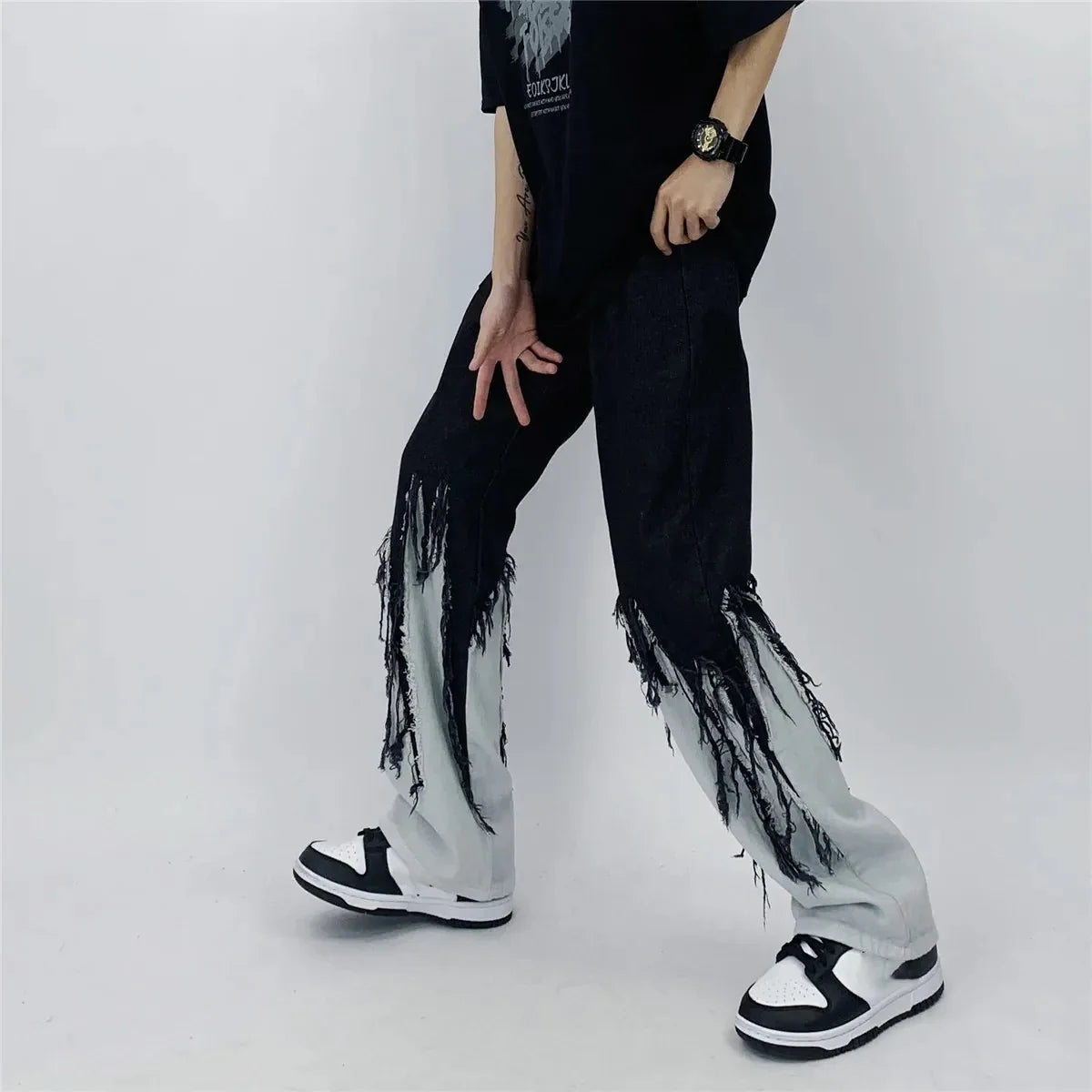 Flattering Contrast Color Tassel Loose Jeans