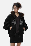 Cozy Embroidered Faux Fur Collar Hooded Sweatshirt
