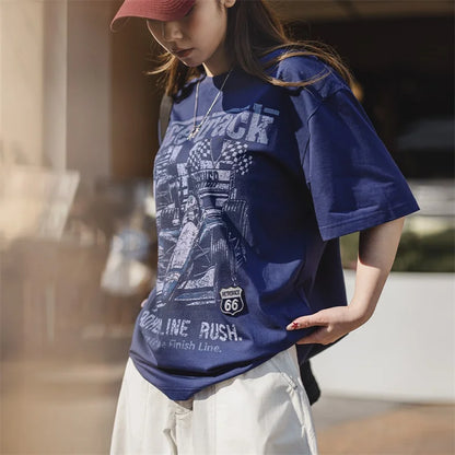 Vintage Casual Racing Print T-Shirt