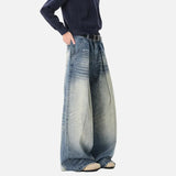 Streetwear Blue Washed High Waist Wide Leg Denim Jeans