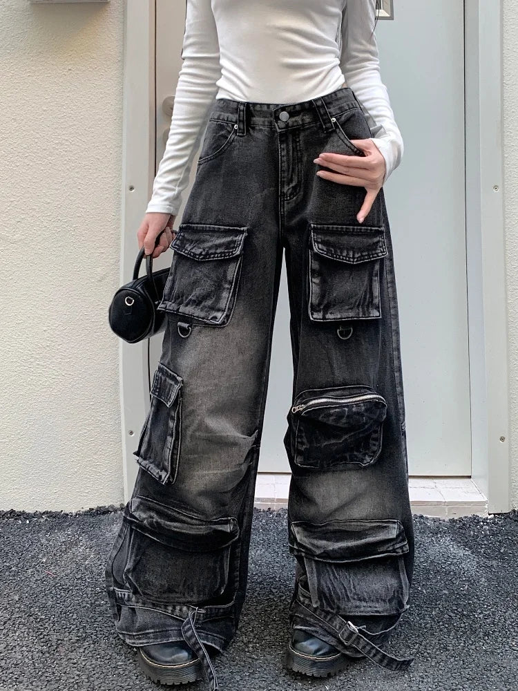 Black Washed Streetware Baggy Cargo Jeans