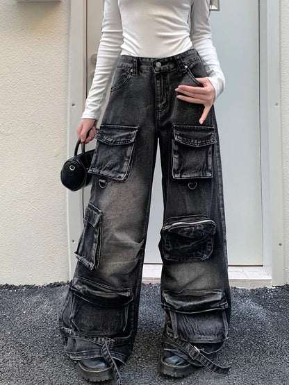 Black Washed Streetware Baggy Cargo Jeans