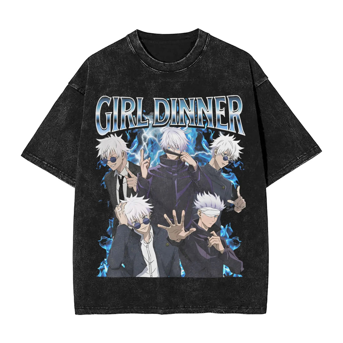 Anime Girl Dinner Print Washed T-Shirt