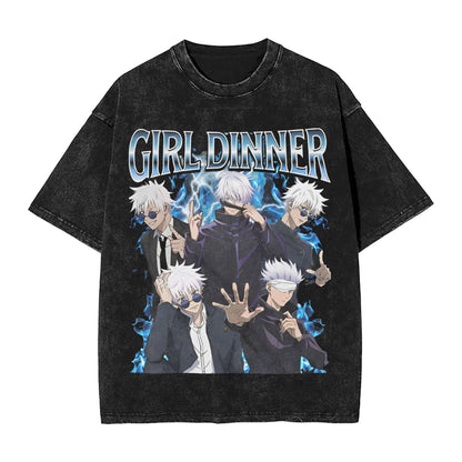 Anime Girl Dinner Print Washed T-Shirt