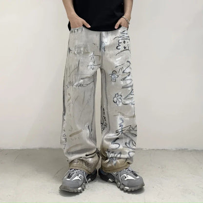 Graffiti Print Loose Fit Wide Jeans