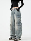 Timeless Fit Washed Denim Wide Leg Cargo Jeans