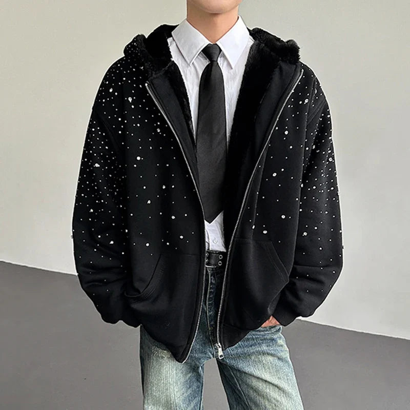 Diamond Patchwork Hooded Faux Fur Sweatshirt