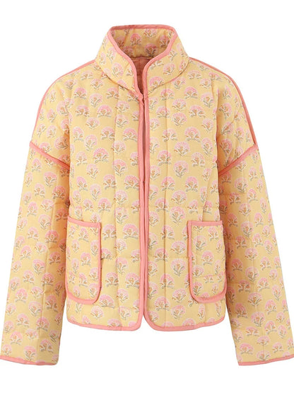 Women Retro Floral Yellow Padded Jacket