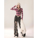 Vintage Black Cutting Ripped High Waist Jeans