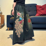 Vintage Chinese Style Peacock Embroidery Jeans