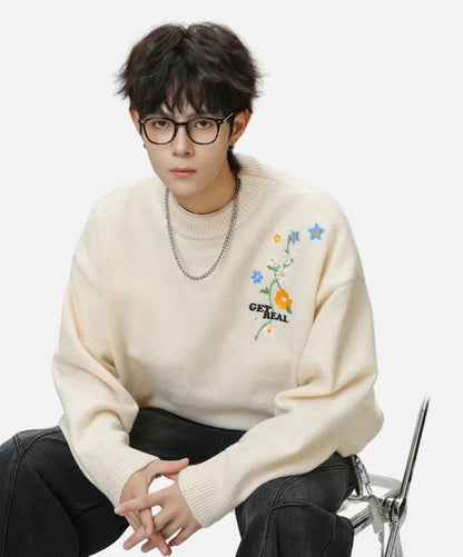 Oversized Floral Embroidered Knit Sweater