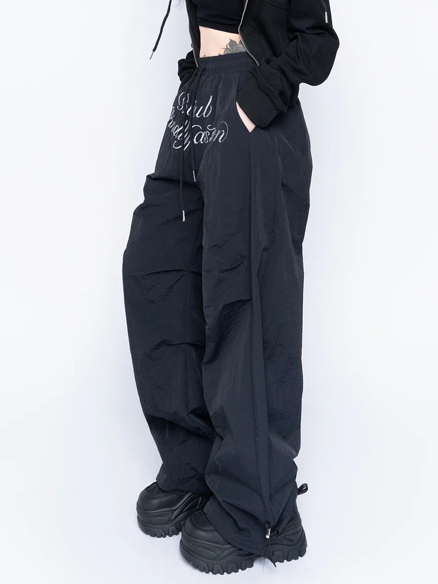 Black Chic Letters Print Parachute Sweatpants