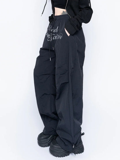 Black Chic Letters Print Parachute Sweatpants