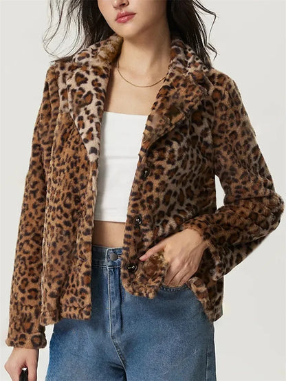 Women Leopard Print Faux Fur Jacket