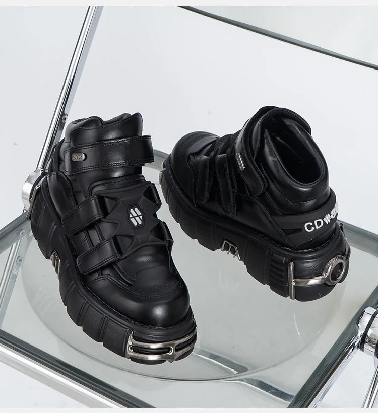 Front view of the black Chunky High-Top Strap Sneakers