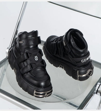Front view of the black Chunky High-Top Strap Sneakers