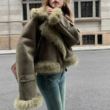 Women Classic Warm Faux Suede Zipper Leather Jacket