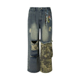 Long-lasting Retro Camo Print Splicing Design Jeans